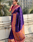 Violet Zari Woven Tiny Nath Meenakari Contrast Yeola Paithani Silk Saree