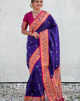Violet Zari Woven Tiny Nath Meenakari Contrast Yeola Paithani Silk Saree