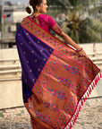 Violet Zari Woven Tiny Nath Meenakari Contrast Yeola Paithani Silk Saree