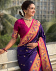 Violet Zari Woven Tiny Nath Meenakari Contrast Yeola Paithani Silk Saree