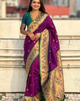 Wine Zari Woven Tiny Nath Meenakari Contrast Yeola Paithani Silk Saree