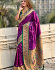 Wine Zari Woven Tiny Nath Meenakari Contrast Yeola Paithani Silk Saree