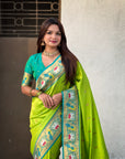 Parrot Green Soft Silk Swan Rajhans Paithani Saree