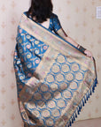 Denim Blue Banarasi Jaal Soft Silk Gold Zari Meenakari Woven Saree