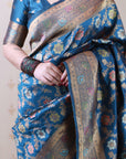 Denim Blue Banarasi Jaal Soft Silk Gold Zari Meenakari Woven Saree