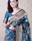 Denim Blue Banarasi Jaal Soft Silk Gold Zari Meenakari Woven Saree