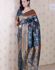 Denim Blue Banarasi Jaal Soft Silk Gold Zari Meenakari Woven Saree