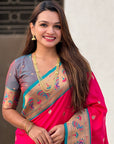 Pink Zari Woven Tiny Nath Meenakari Contrast Yeola Paithani Silk Saree