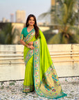 Parrot Green Soft Silk Swan Rajhans Paithani Saree