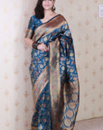 Denim Blue Banarasi Jaal Soft Silk Gold Zari Meenakari Woven Saree