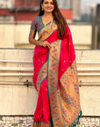 Pink Zari Woven Tiny Nath Meenakari Contrast Yeola Paithani Silk Saree