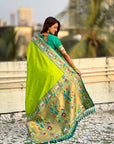 Parrot Green Soft Silk Swan Rajhans Paithani Saree