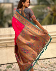 Pink Zari Woven Tiny Nath Meenakari Contrast Yeola Paithani Silk Saree