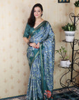 Blue Soft Tussar Silk Abstract Party Wear Printed Zari Woven Saree