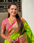 Parrot Green Zari Woven Tiny Nath Meenakari Contrast Yeola Paithani Silk Saree