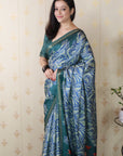 Blue Soft Tussar Silk Abstract Party Wear Printed Zari Woven Saree