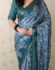 Blue Soft Tussar Silk Abstract Party Wear Printed Zari Woven Saree