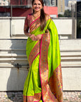 Parrot Green Zari Woven Tiny Nath Meenakari Contrast Yeola Paithani Silk Saree