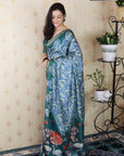 Blue Soft Tussar Silk Abstract Party Wear Printed Zari Woven Saree