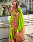 Parrot Green Zari Woven Tiny Nath Meenakari Contrast Yeola Paithani Silk Saree