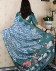 Blue Soft Tussar Silk Abstract Party Wear Printed Zari Woven Saree