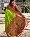 Parrot Green Zari Woven Tiny Nath Meenakari Contrast Yeola Paithani Silk Saree
