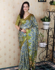 Green Soft Tussar Silk Abstract Party Wear Printed Zari Woven Saree