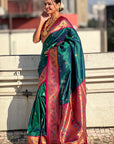 Green Zari Woven Tiny Nath Meenakari Contrast Yeola Paithani Silk Saree
