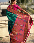 Green Zari Woven Tiny Nath Meenakari Contrast Yeola Paithani Silk Saree