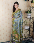 Green Soft Tussar Silk Abstract Party Wear Printed Zari Woven Saree