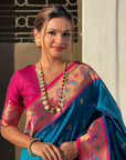 Blue Zari Woven Tiny Nath Meenakari Contrast Yeola Paithani Silk Saree