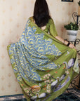 Green Soft Tussar Silk Abstract Party Wear Printed Zari Woven Saree