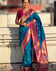Blue Zari Woven Tiny Nath Meenakari Contrast Yeola Paithani Silk Saree