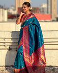 Blue Zari Woven Tiny Nath Meenakari Contrast Yeola Paithani Silk Saree