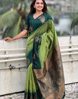 Iguana Green Soft Silk Floral Border Contrast Zari Woven Saree