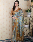 Gold Soft Tussar Silk Abstract Party Wear Printed Zari Woven Saree