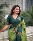 Iguana Green Soft Silk Floral Border Contrast Zari Woven Saree