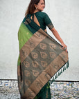 Iguana Green Soft Silk Floral Border Contrast Zari Woven Saree