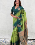 Iguana Green Soft Silk Floral Border Contrast Zari Woven Saree