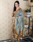 Gold Soft Tussar Silk Abstract Party Wear Printed Zari Woven Saree