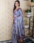 Grey Soft Tussar Silk Abstract Party Wear Printed Zari Woven Saree