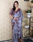 Grey Soft Tussar Silk Abstract Party Wear Printed Zari Woven Saree