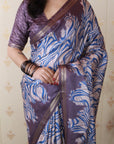 Grey Soft Tussar Silk Abstract Party Wear Printed Zari Woven Saree