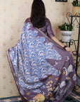 Grey Soft Tussar Silk Abstract Party Wear Printed Zari Woven Saree
