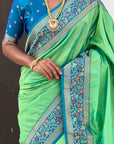 Pista Gala Silk Saree with Paithani Pallu Kadiyal Zari Woven Saree