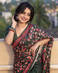 Bottle Green Kolam Silk Katha Printed Pushpa Saree