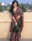 Bottle Green Kolam Silk Katha Printed Pushpa Saree