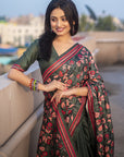 Bottle Green Kolam Silk Katha Printed Pushpa Saree