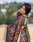 Bottle Green Kolam Silk Katha Printed Pushpa Saree
