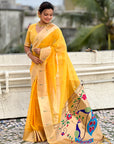 Yellow Organza Paithani Zari Woven Saree